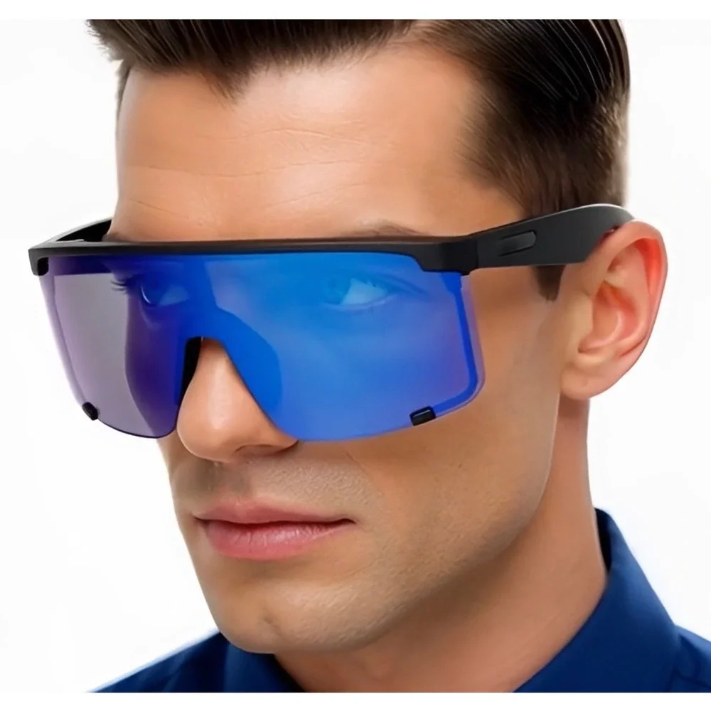 Shield Sunglasses Visor Blue Mirrored Lens Sporty Futuristic Cyclops Style Gafas